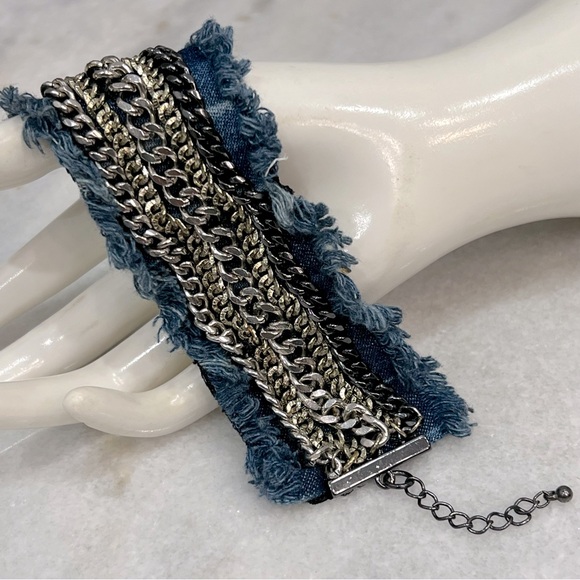 Jewelry - Multi Link Multi Finish Frayed Denim Bracelet
